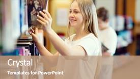  Presentation with teenage girl - Presentation design enhanced with girl in library choosing book background and a  colored foreground