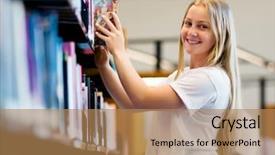  Presentation with researching from books or library - PPT layouts consisting of girl in library choosing book background and a  colored foreground
