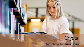  Presentation with teenage girl - Presentation design enhanced with girl in library choosing book background and a  colored foreground