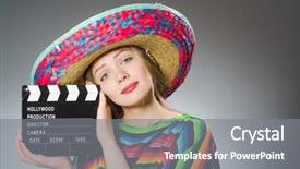  Presentation with clapboard - Presentation theme having girl in mexican vivid poncho holding clapboard against gray background and a gray colored foreground