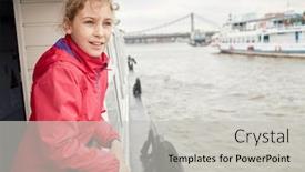  Presentation with railing - Cool new slide deck with girl in red jacket at railing on pleasure boat deck backdrop and a light gray colored foreground