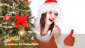  Presentation with girl christmas - Beautiful presentation theme featuring girl in santa hat are showing thumb near christmas tree isolated backdrop and a tawny brown colored foreground