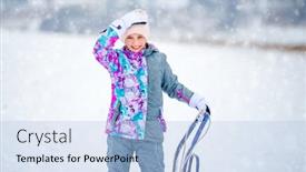  Presentation with ski - Amazing PPT layouts having girl in ski costume holding sledges backdrop and a light blue colored foreground
