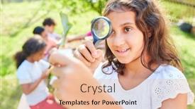  Presentation with magnifying glass - Beautiful PPT layouts featuring girl-in-summer-biology-course backdrop and a coral colored foreground