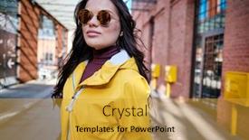  Presentation with shooting - Amazing slide set having girl in the yellow coat on the street stylish outfit woman fashion street shooting backdrop and a gold colored foreground