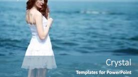  Presentation with sea sun - Slide set enhanced with girl in white dress standing near sea with white lace sun umbrella background and a teal colored foreground