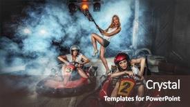  Presentation with driving - Amazing PPT layouts having girl is driving go-kart backdrop and a tawny brown colored foreground