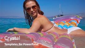  Presentation with mattress - Audience pleasing PPT theme consisting of girl is floating on the mattress backdrop and a coral colored foreground