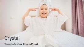  Presentation with bed - Slide deck consisting of girl is sitting in bathrobe background and a light gray colored foreground