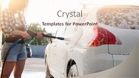  Presentation with sprayer - PPT theme enhanced with girl-is-washing-car background and a sky blue colored foreground