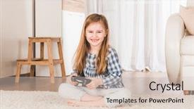  Presentation with happy young student girl holding - PPT theme enhanced with girl joyfully holding game joystick background and a  colored foreground