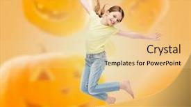  Presentation with childhood - Amazing PPT theme having girl jumping over halloween pumpkin backdrop and a blonde colored foreground