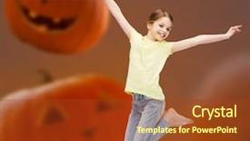  Presentation with happiness - Colorful presentation theme enhanced with girl jumping over halloween pumpkin backdrop and a tawny brown colored foreground