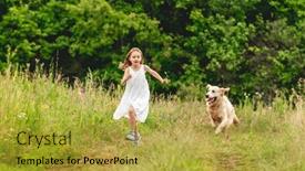 Presentation with girl running on the beach clouds - Colorful PPT layouts enhanced with girl-kid-with-dog-running backdrop and a yellow colored foreground