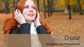  Presentation with yellow music - PPT theme enhanced with girl listen music on audio player with headphones sit on bench in city park autumn season yellow trees and fallen leaves background and a coral colored foreground