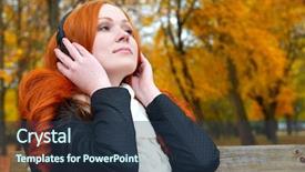  Presentation with yellow music - Beautiful presentation theme featuring girl listen music on audio player with headphones sit on bench in city park autumn season yellow trees and fallen leaves backdrop and a tawny brown colored foreground