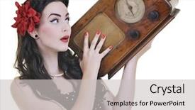  Presentation with pretty girl - PPT theme with girl listening music on radio background and a  colored foreground
