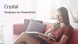  Presentation with group of three young girl - Colorful slide deck enhanced with girl looking at a catalogue backdrop and a pink colored foreground