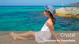  Presentation with turquoise beach - PPT theme consisting of girl-looking-at-beach background and a coral colored foreground