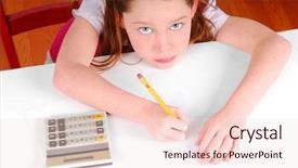  Presentation with girl - Audience pleasing presentation theme consisting of girl looking confused over math backdrop and a  colored foreground