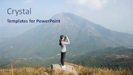  Presentation with hill - Presentation theme consisting of girl looking though binoculars at hill background and a sky blue colored foreground