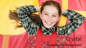  Presentation with smiling little girl - PPT theme having girl lying on colorful trampoline background and a red colored foreground
