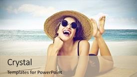  Presentation with girl running on the beach clouds - Beautiful PPT theme featuring girl lying on the beach backdrop and a lemonade colored foreground