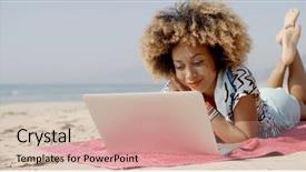  Presentation with internet surfing - PPT theme enhanced with girl lying on the beach background and a soft green colored foreground