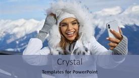  Presentation with mountain snow - PPT theme with girl makes a selfie in ski clothing on snow mountain stock photo background and a seafoam green colored foreground