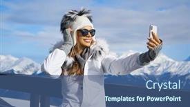  Presentation with snow mountain - Cool new slide deck with girl makes a selfie in ski clothing on snow mountain stock photo backdrop and a ocean colored foreground