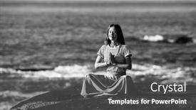  Presentation with beach rocks - PPT theme having girl-meditating-on-rocks background and a dark gray colored foreground