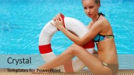 Presentation with life saving - Presentation enhanced with girl near tropical pool with life saving buoy background and a coral colored foreground