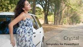  Presentation with country - Beautiful PPT theme featuring girl on country road with car summer season backdrop and a light gray colored foreground