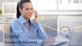  Presentation with worker - PPT theme featuring girl on landline phone call background and a light blue colored foreground