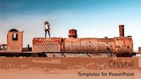  Presentation with steam train - Slide deck featuring girl-on-rusty-steam-train background and a coral colored foreground