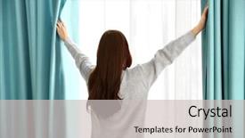  Presentation with curtains - Theme with girl opening curtains background and a light gray colored foreground