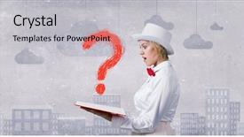  Presentation with book opening - PPT theme with girl-opening-red-book background and a light gray colored foreground