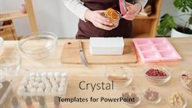  Presentation with making soap - Beautiful PPT theme featuring girl opening small jar with dry orange slices to put them into liquid mass in process of soap making in studio backdrop and a lemonade colored foreground