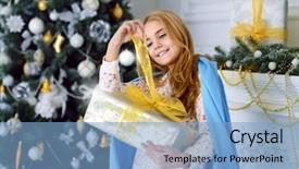  Presentation with happy new year - Audience pleasing slide set consisting of girl opens a gift box backdrop and a light blue colored foreground