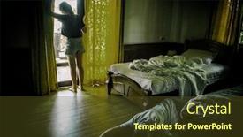  Presentation with curtains - Colorful presentation design enhanced with girl opens the curtains at window backdrop and a tawny brown colored foreground