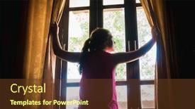  Presentation with curtains - PPT theme having girl opens the curtains at window background and a tawny brown colored foreground
