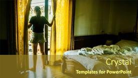  Presentation with curtains - Presentation design featuring girl opens the curtains at window background and a gold colored foreground
