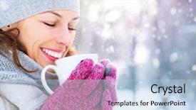  Presentation with happy smiling woman dental health - Amazing presentation having girl outdoors with hot drink backdrop and a light blue colored foreground
