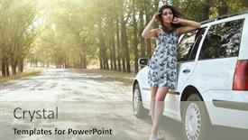  Presentation with summer trees - Amazing slides having girl outside car on country road bright sunlight and trees summer season backdrop and a light gray colored foreground