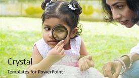  Presentation with green trees in park - Amazing slide set having girl peeking through magnifying glass backdrop and a soft green colored foreground
