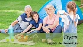  Presentation with campsite - Colorful slide set enhanced with girl photographing family through smartphone backdrop and a yellow colored foreground