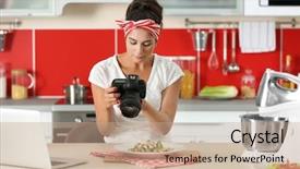  Presentation with blogger - Presentation theme having girl photographing on kitchen food blogger concept background and a coral colored foreground