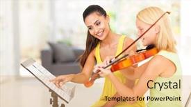  Presentation with play - Colorful PPT theme enhanced with girl play violin under music backdrop and a coral colored foreground