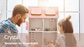  Presentation with play kids - Beautiful presentation design featuring girl play with doll house backdrop and a coral colored foreground