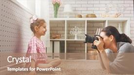  Presentation with displaying a happy mother cudd - Amazing PPT layouts having girl playing and making photo backdrop and a coral colored foreground